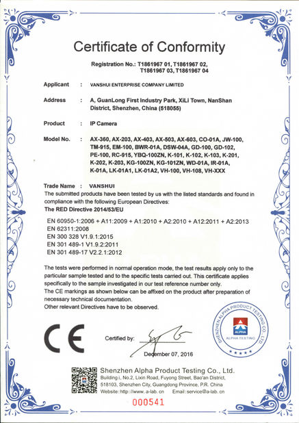 China VANSHUI ENTERPRISE COMPANY LIMITED certificaciones